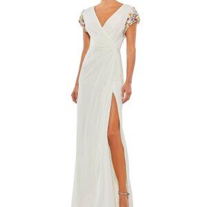 Mac Duggal- Beaded Cap Sleeve Faux Wrap Gown- STUNNING DETAIL!